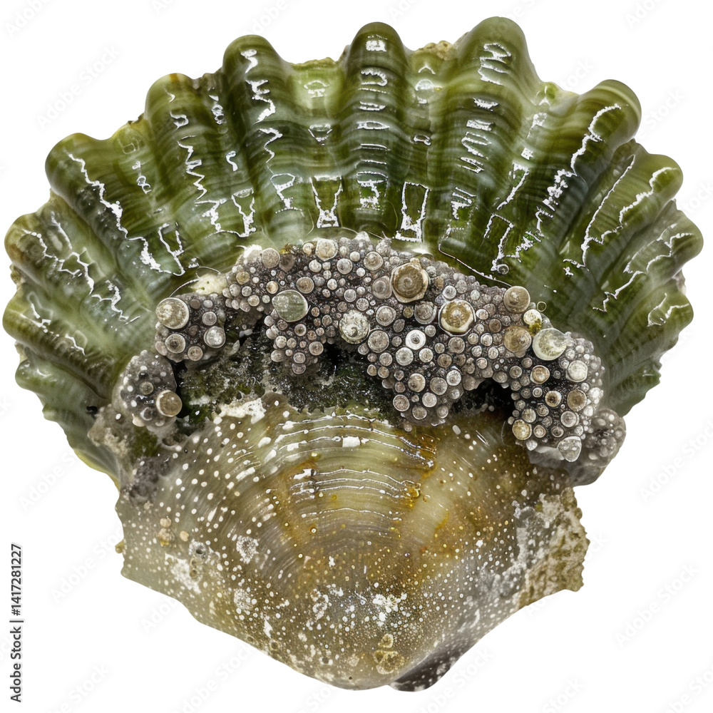 Poster beautiful green shell with intricate textures and patterns, showcasing unique blend of colors and na