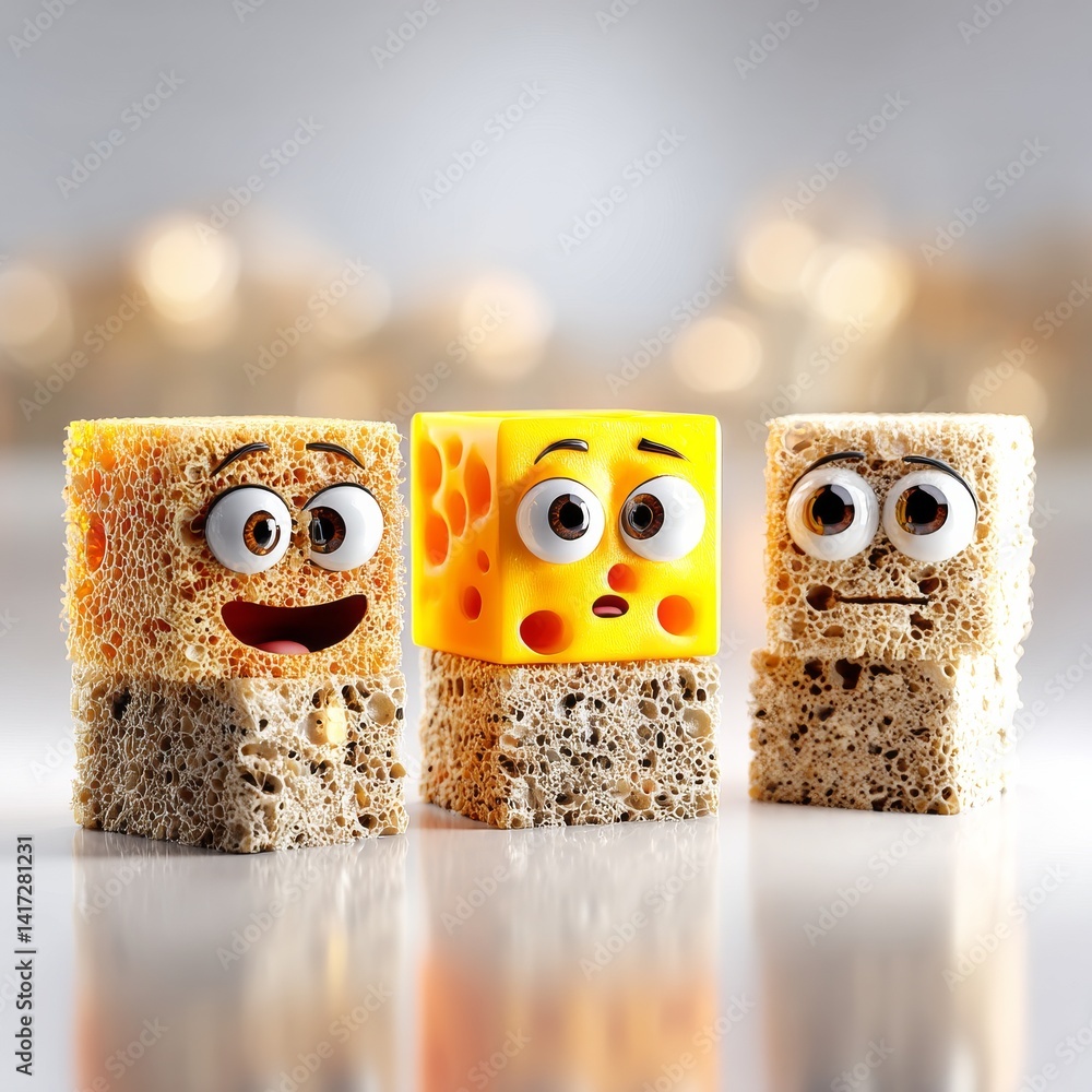 Poster animated cheese cube trio displaying diverse expressions: a whimsical food art composition on a ligh