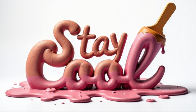 A creative 3D typography illustration featuring the phrase Stay Cool in glossy, melting lettering that transitions from peachy-pink to darker pink hues. The text appears to be made of ice cream