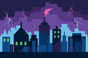 Fototapeta premium Anime Town Skyline During Thunderstorm With Lightning Artwork