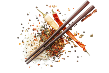 Savory noodle dish cooked with herbs and spices isolated on white background for mouthwatering visuals