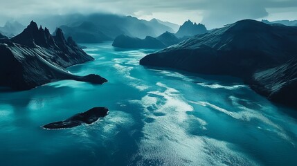 Fototapeta premium Majestic Teal River Winds Through Dark Mountains