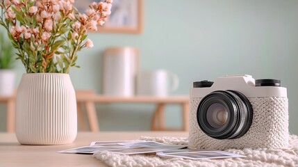 Camera wrapped in knitwear with flowers and photos on a wooden table. Calm and cozy decor