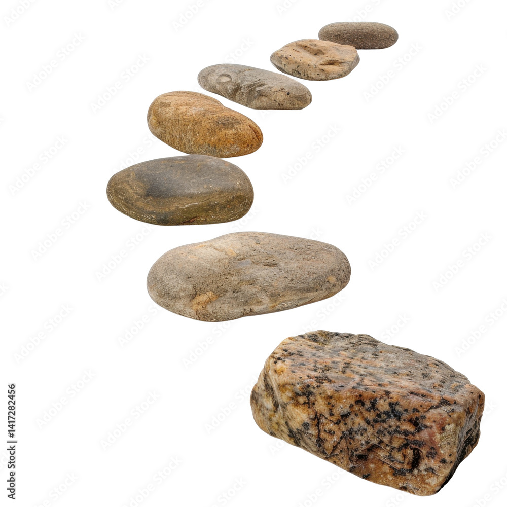 Poster smooth stones in various shapes and colors arranged in line, showcasing natural textures and pattern