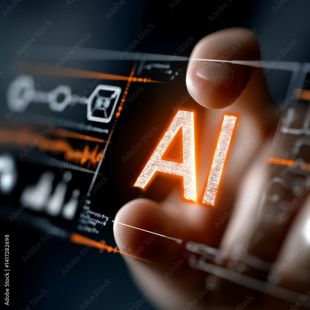 Poster futuristic ai interface: a hand holding a transparent display with glowing artificial intelligence d