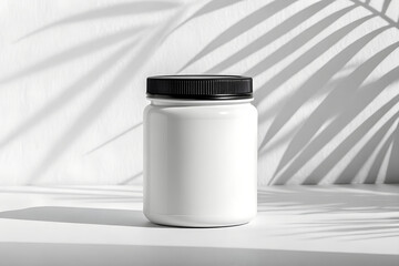 Minimal White Plastic Jar with Black Screw Cap – Mockup for Cosmetic or Supplement Packaging