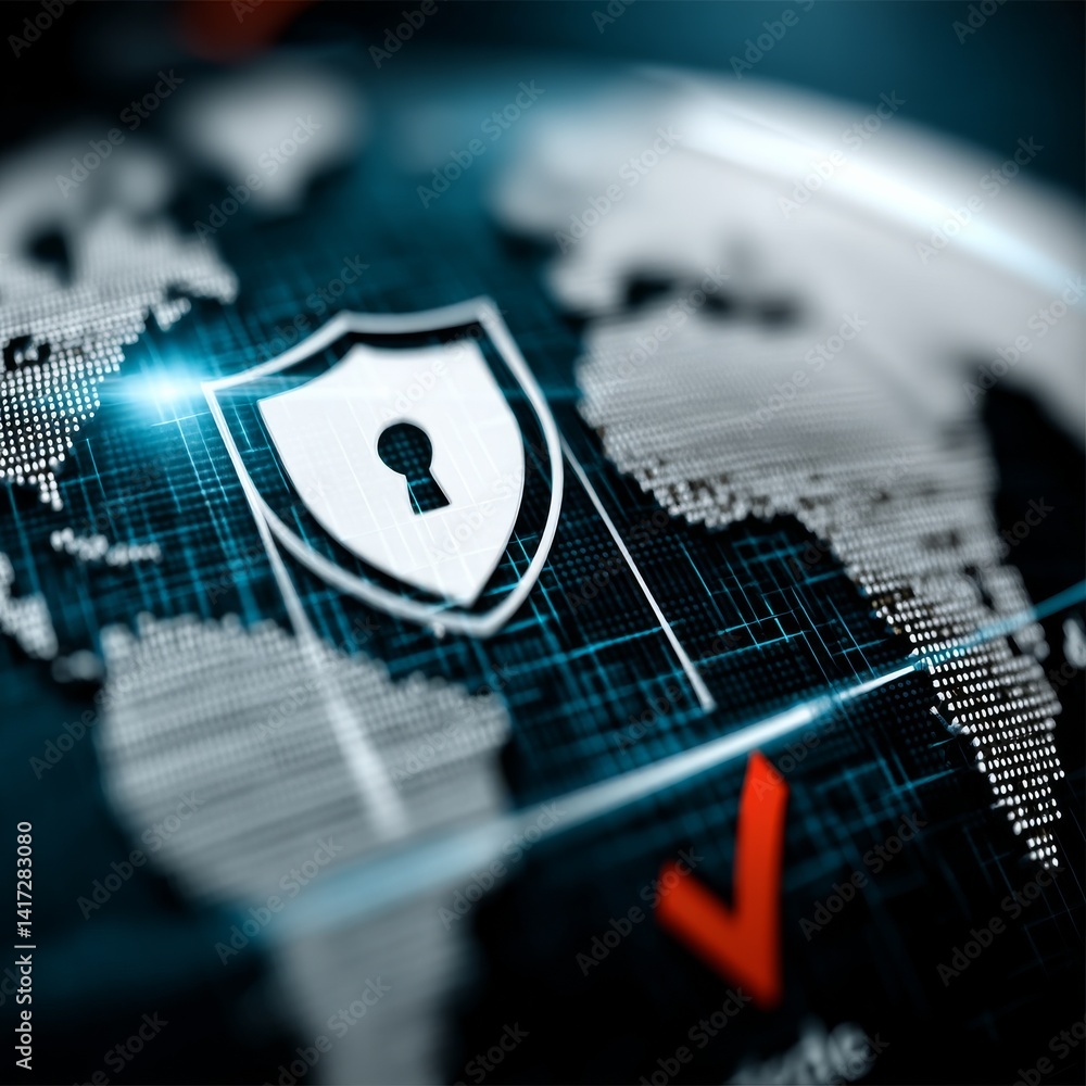 Leinwandbilder global network security: a shield protecting data across the world map in a digital, connected lands
