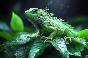 Obraz premium Green Iguana Resting on Leaf with Water Droplets in Lush Environment