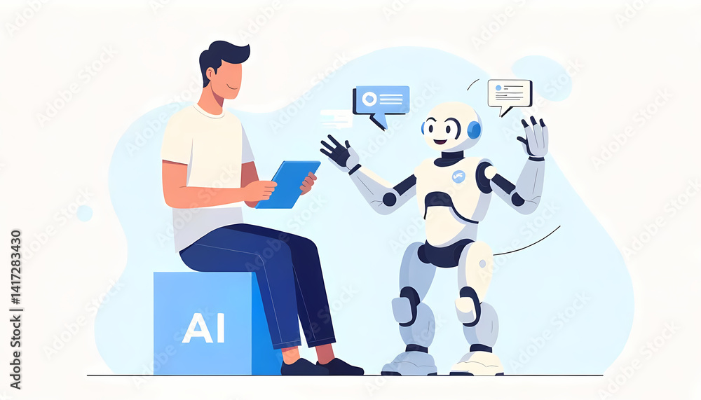 Poster a man consults with an ai-powered robot, ideal for technological and futuristic visuals.