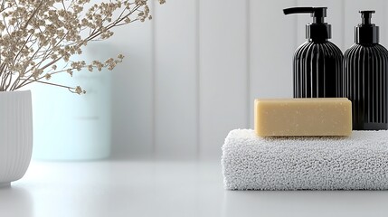 Clean composition featuring bath necessities with minimalist design against white wood paneled backdrop