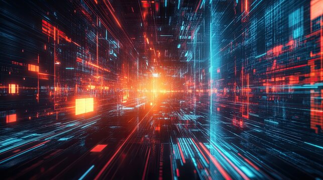 Abstract futuristic cityscape with digital neon grids and vibrant colors