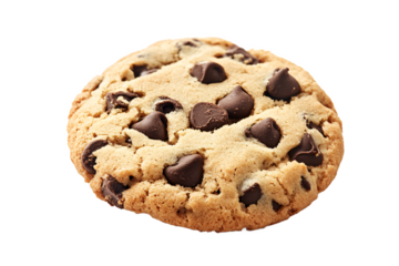A perfectly baked chocolate chip cookie, a delightful treat with rich, melty chocolate chunks and a golden-brown crust against a bright white background.