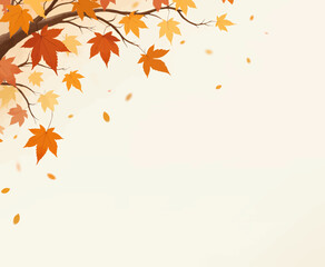Autumn leaves falling from tree branches on beige background
