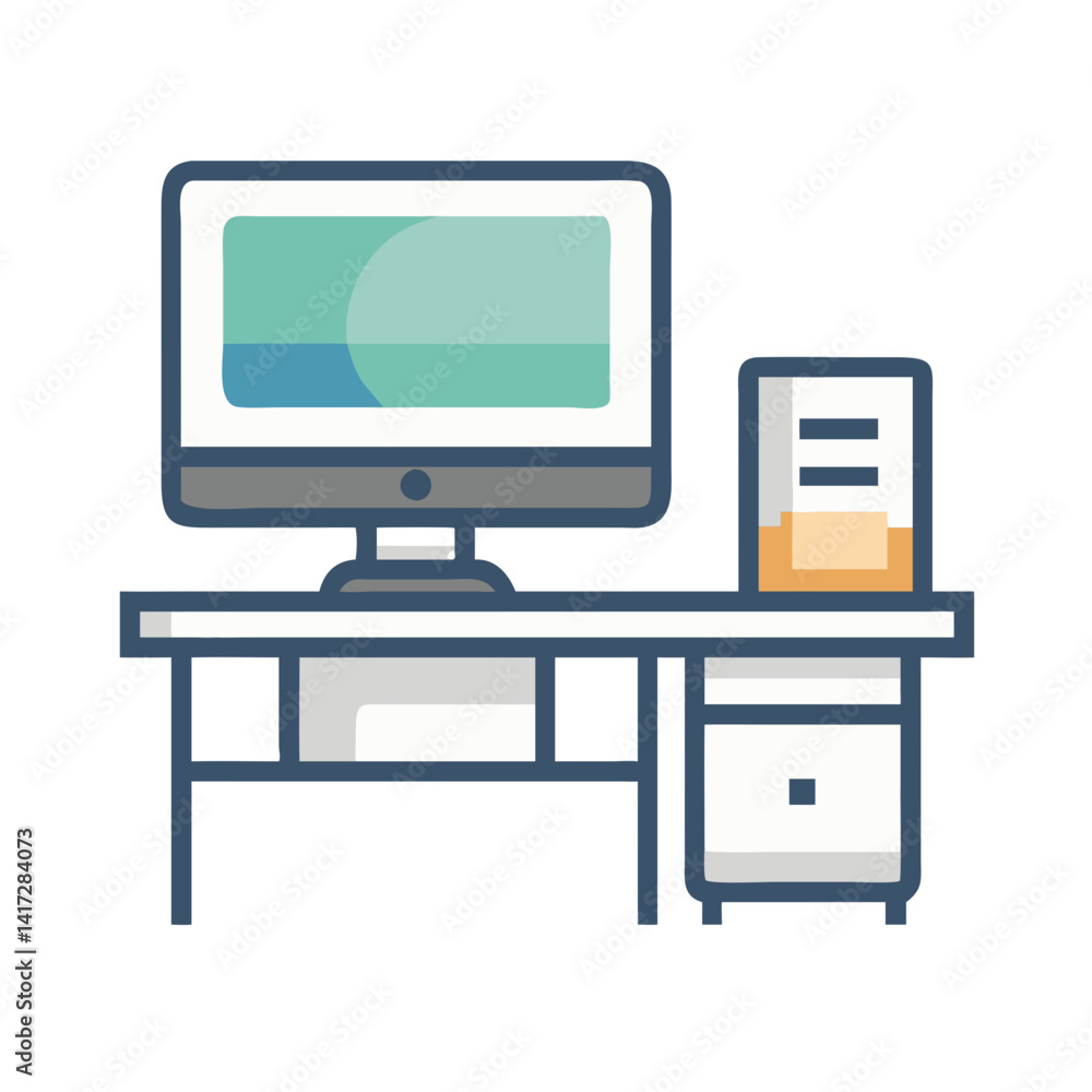 Poster minimalist desk with computer and drawer file cabinet