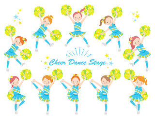 笑顔でチアダンスをしているかわいい子供達のイラストセット
