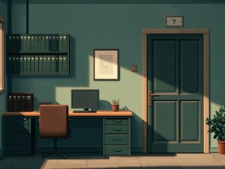 Cozy Office Interior with Desk, Computer, and Greenery