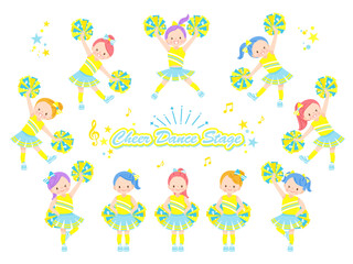 Fototapeta premium 笑顔でチアダンスをしているかわいい子供達のイラストセット
