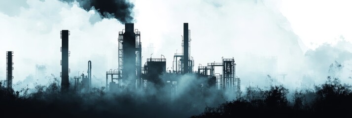 Monochrome oil refinery silhouette in fog graphic design with copy space ideal for environment energy and industrial learning materials