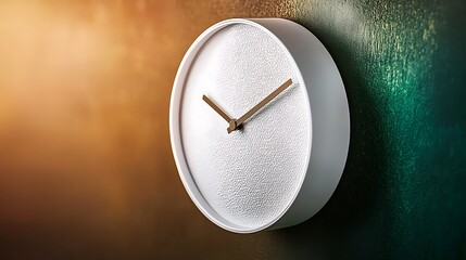 Clock displaying time on a colorful wall with textures and shades of greens and brown/yellow