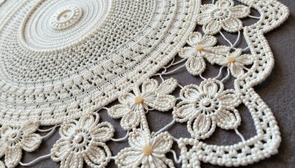 Intricate floral pattern lace doily, delicate texture, mesh, light