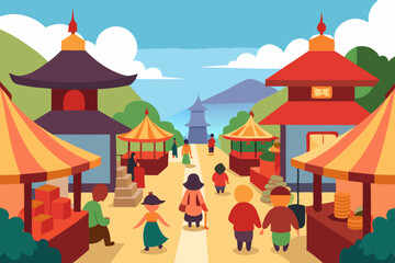 Anime Bustling Marketplace In Anime Town Setting Angle