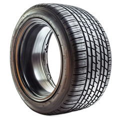 Close-up image of a modern car tire and wheel assembly, showcasing the tread pattern and dark color.