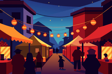 Anime Bustling Market Street With Lights Background Effect