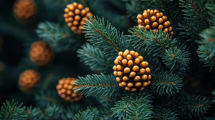 Fototapeta premium Close-up of pine cones nestled among evergreen branches in a serene forest setting