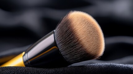 Close-up of a tan-bristled makeup brush. Black handle on dark, draped fabric. Beauty product