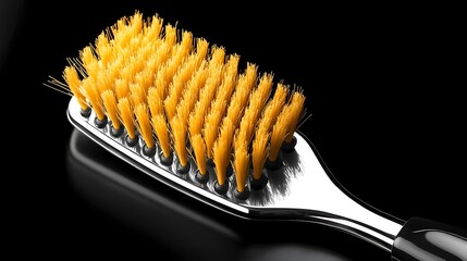 Close-up of a yellow brush. Bristles are dense on top of shiny, reflective, silver handle