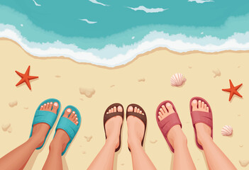 Beach Day: Three Friends in Sandals by the Sea