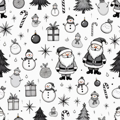 Black and White Christmas Pattern with Santa and Snowmen