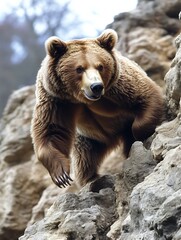Obraz premium Brown Bear Climbing Rock Formation in Natural Habitat Outdoors