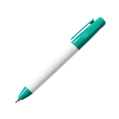 A teal-colored, white-bodied, compact writing instrument, likely a marker or pen, presented in a studio shot.
