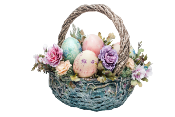 Easter basket with painted eggs and flowers isolated on white background for festive spring celebration designs
