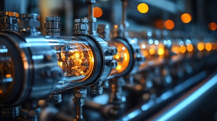 Fototapeta premium Close-up of illuminated glass tubes in a high-tech industrial setting with machinery in the background