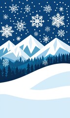 Winter Wonderland with Snowflakes and Majestic Mountains Background