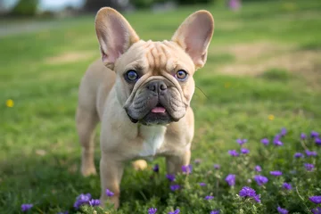 bulldog frances standing grass fawn coat lovely pet cute face relaxed moment