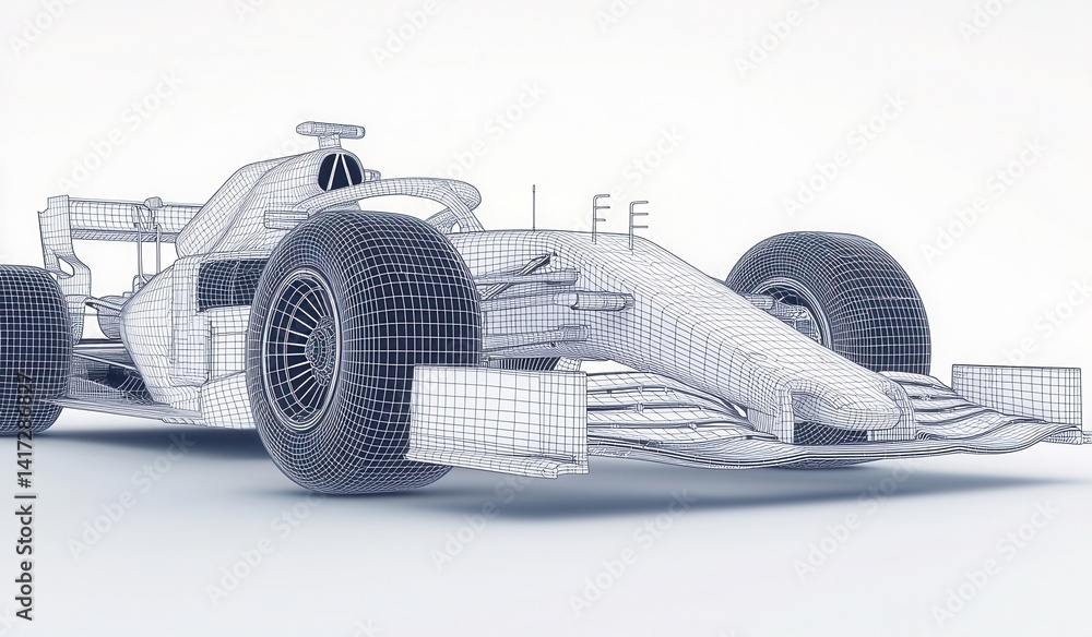 Poster wireframe model of formula one racing car in 3d visualization