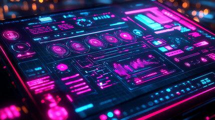 Obraz premium Futuristic holographic UI display with neon pink & cyan glow, floating tech elements, digital grid lines, and cybernetic texture in ultra HD. Perfect for sci-fi, tech, and cyberpunk themes.