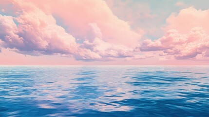 Obraz premium Soft pink and blue clouds floating above a tranquil sea at sunset, blending harmoniously with the water 