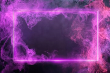 Purple and pink smoke encompasses a bright neon glowing rectangle frame