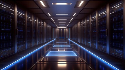 Futuristic server room corridor illuminated by blue lights