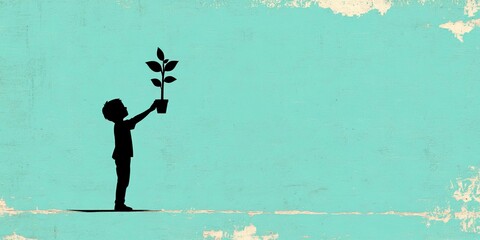 Illustration of a clean and modern silhouette of a person raising a plant against a soft gradient background  