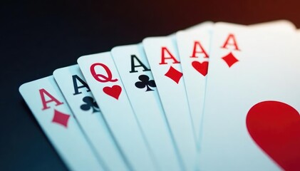 Playing cards arranged in a row showing an ace of each suit , royal flush, high card, sequence