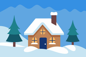 Fototapeta premium cozy-cottage-covered-in-snow---anime-background