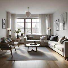 Fototapeta premium A bright living room with a large window, a sectional couch, and modern decor and art on the walls