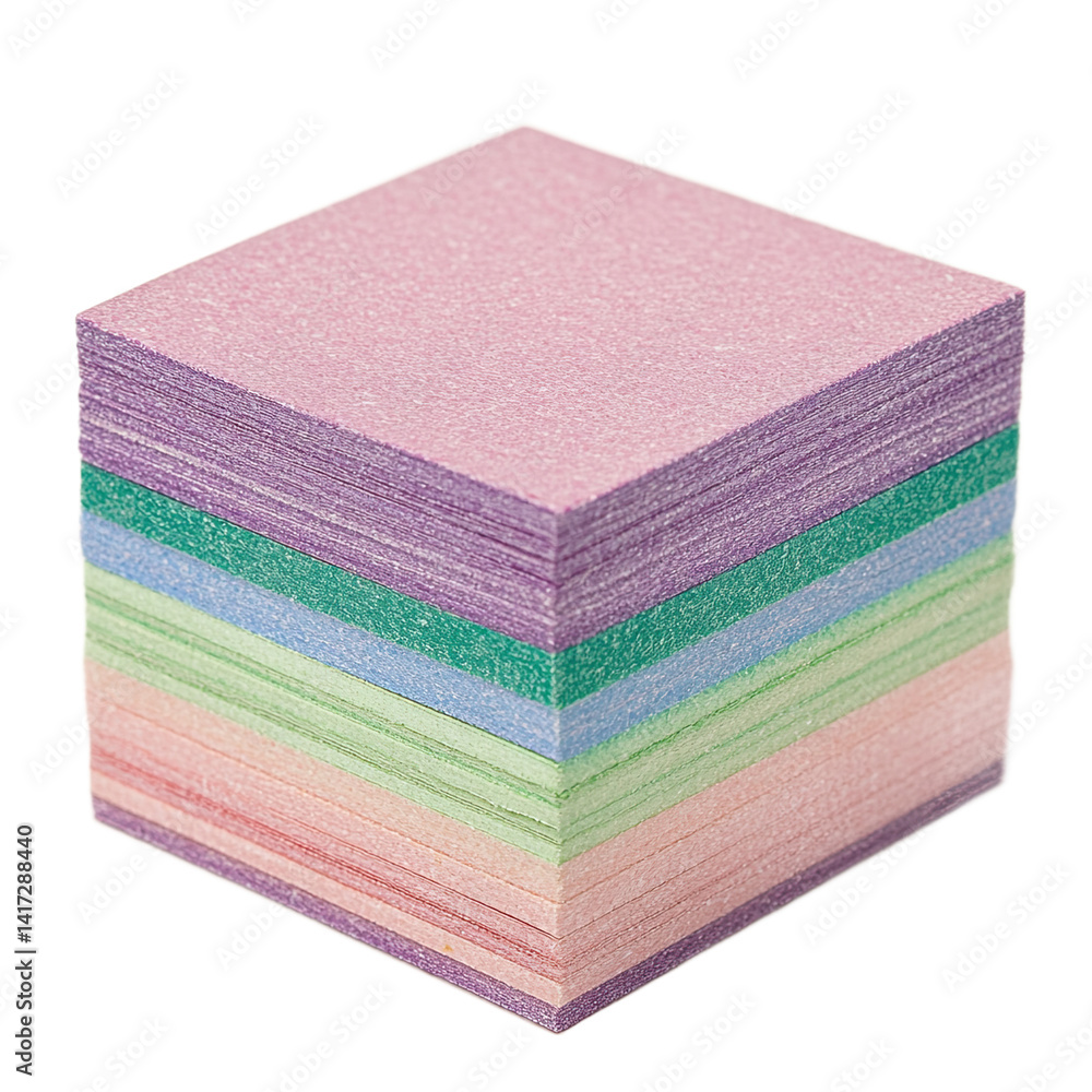 Poster a stack of square colored panels arranged in a cube shape, showcasing layered pastel tones.