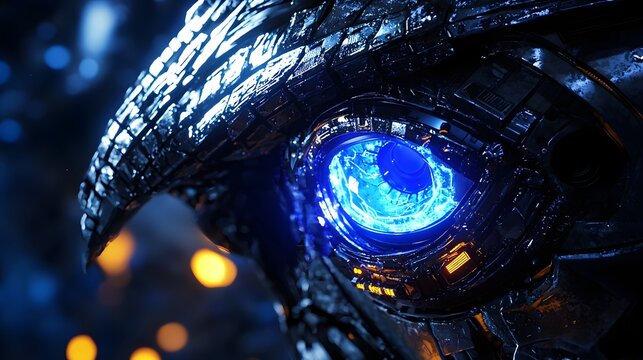Futuristic Cyborg Eye with Luminous Blue Cybernetic Implants and Advanced Sensors