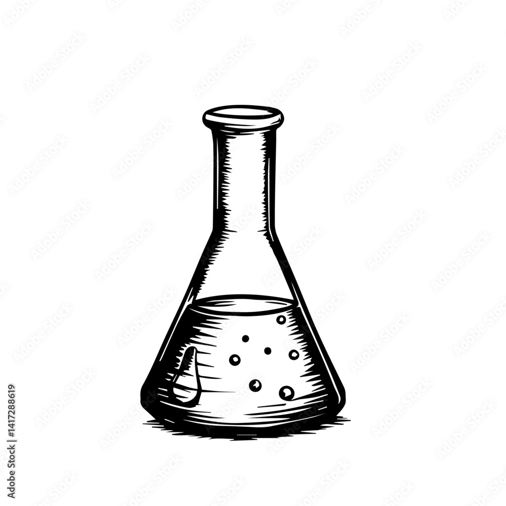 Poster laboratory flask with liquid and bubbles in sketch style